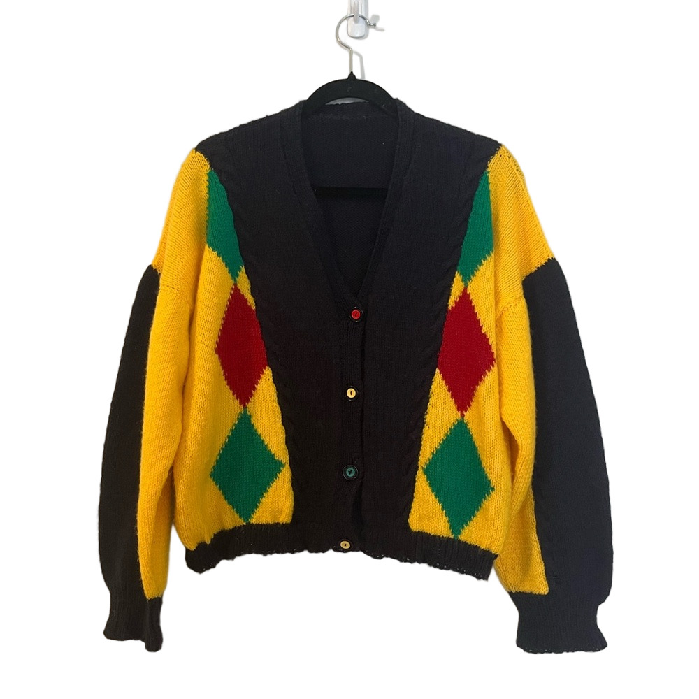 Hand knit Chunky Colourful Diamond Pattern Cardigan Size: M-L